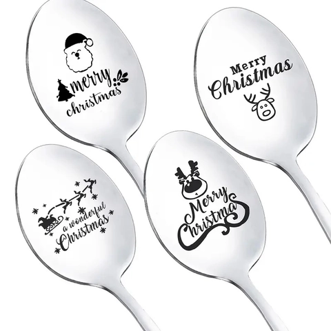 Stainless Steel Christmas Spoon Laser Engraved Coffee Dessert Spoon Silver Mirror Polished Holiday Gift Tableware
