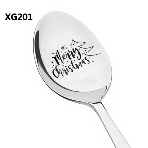 Stainless Steel Christmas Spoon Laser Engraved Coffee Dessert Spoon Silver Mirror Polished Holiday Gift Tableware