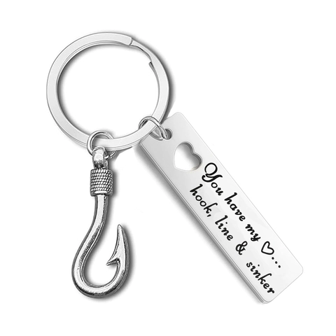 Portachiavi da Pesca in Acciaio Inossidabile Amo Inciso Cuore Best Catch Regalo Romantico per Pescatori Coppie Natale