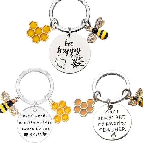 Honeybee Honeycomb Metal Keychain For Teachers Graduation Gift Alloy Rhinestone Inspirational Quote Pendant Bag Charm Keyring