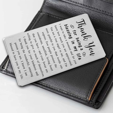 Brushed Stainless Steel Wallet Insert Card Blessing Thank You Heart Engraved Metal Gift Card For Anniversary Birthday Elders