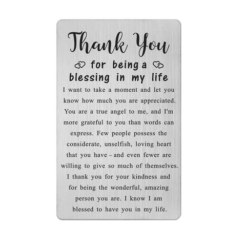 Brushed Stainless Steel Wallet Insert Card Blessing Thank You Heart Engraved Metal Gift Card For Anniversary Birthday Elders