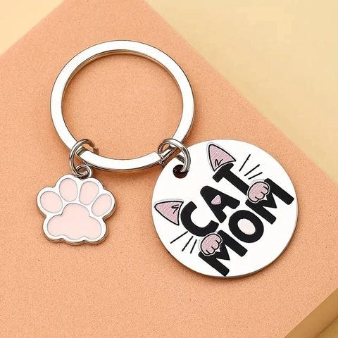 Porte-Clés Cat Mom en Acier Inoxydable Avec Breloque Patte Rose Motif Coeur Pendentif en Métal Gravé pour Fête des Mères Bijoux Femme