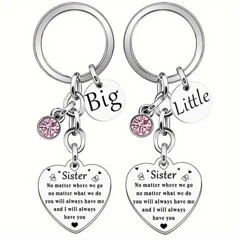 Portachiavi a Cuore Big Little Sister in Acciaio Inossidabile Scritta Incisa Strass Regalo di Amicizia Compleanno Laurea