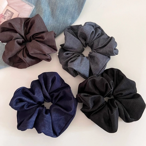 Women Vintage Denim Texture Oversized Scrunchies Minimalist Solid Color Pleated Large Fabric Hair Ties Ponytail Holder Decor