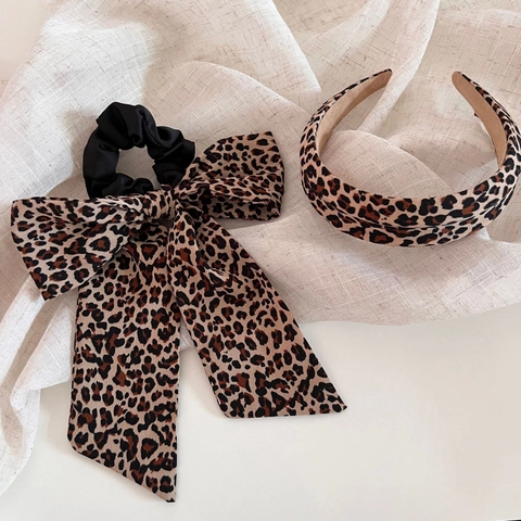Vintage Leopard Print Bowtie Scrunchie Hair Band Fashion Leopard Pattern Headband For Women Retro Hair Accessories Gift