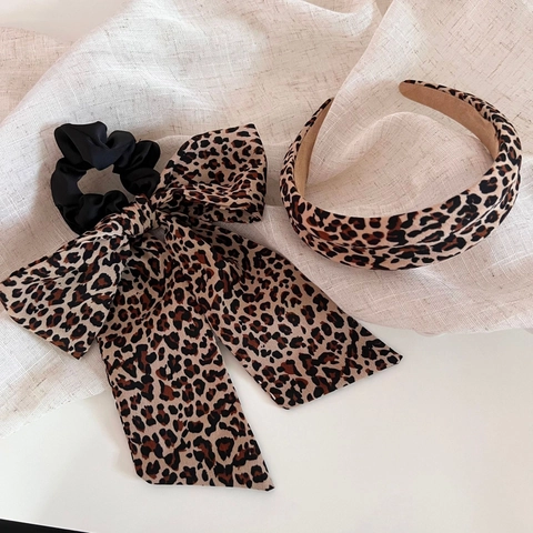 Vintage Leopard Print Bowtie Scrunchie Hair Band Fashion Leopard Pattern Headband For Women Retro Hair Accessories Gift