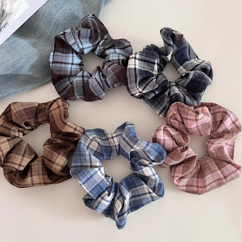Chouchous en Tissu Écossais de Style Coréen Vintage Élastique à Cheveux Plissé Élégant pour Femmes Filles Accessoires de Cheveux Quotidiens