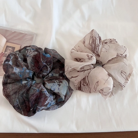 Vintage Chiffon Tuschemalerei Blumen Haargummis Übergroße Scrunchies Elegante Ponytail Accessoires Für Damen Kopfschmuck
