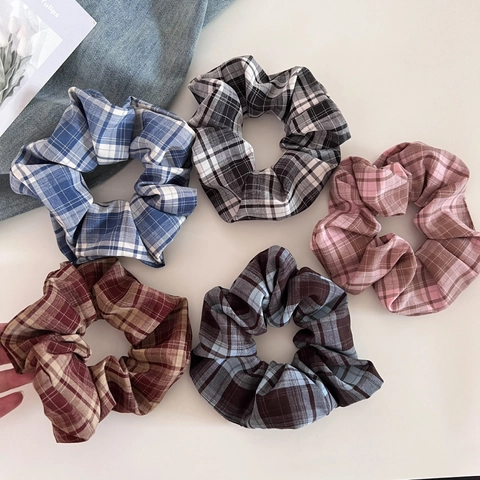 Chouchous en Tissu Écossais de Style Coréen Vintage Élastique à Cheveux Plissé Élégant pour Femmes Filles Accessoires de Cheveux Quotidiens