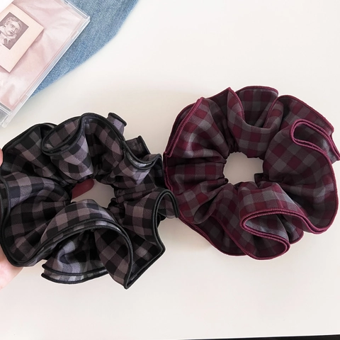 Chouchou Géant Vintage à Carreaux Motif Damier en Tissu Gros Élastique Cheveux Accessoires Cheveux Style Coréen Rétro Pour Femmes