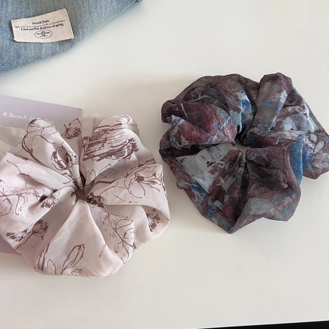 Vintage Chiffon Tuschemalerei Blumen Haargummis Übergroße Scrunchies Elegante Ponytail Accessoires Für Damen Kopfschmuck