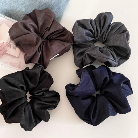Women Vintage Denim Texture Oversized Scrunchies Minimalist Solid Color Pleated Large Fabric Hair Ties Ponytail Holder Decor