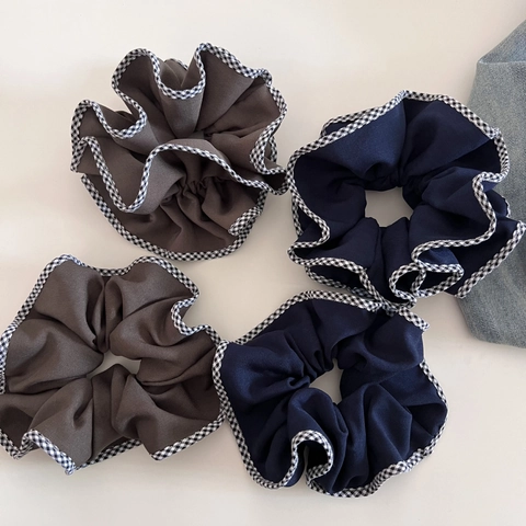Fabric Plaid Contrast Piping Scrunchies Pleated Large Hair Ties For Women Girls Daily Office Commuter Hair Accessories