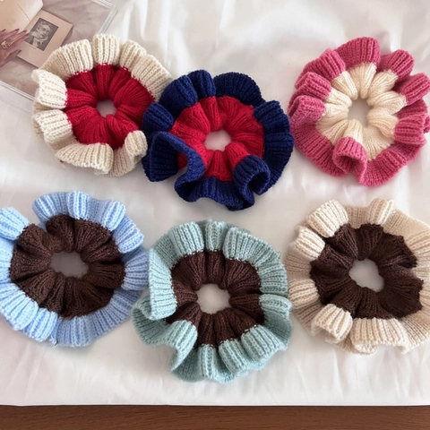 Coletero de Lana Tejida de Retazos Coreano Bordo con Volantes Banda para el Pelo Elástica Accesorios para el Cabello Retro Mujer