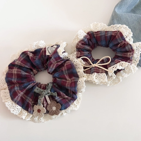 Set de Coleteros Vintage a Cuadros Con Lazo de Encaje para Mujer Gomas de Pelo Estilo Coreano Dulce Accesorios de Pelo Florales