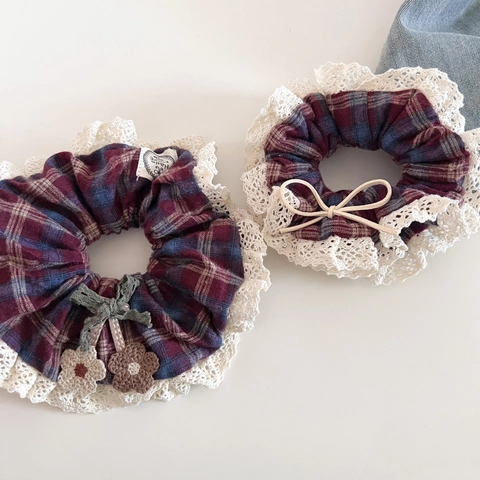 Set de Coleteros Vintage a Cuadros Con Lazo de Encaje para Mujer Gomas de Pelo Estilo Coreano Dulce Accesorios de Pelo Florales