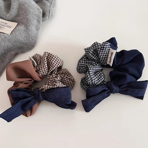 Elastico per Capelli con Fiocco in Denim Patchwork a Quadri Stile Coreano Retrò Donna Dolce Corda per Capelli in Tessuto Fatto a Mano Accessori per Capelli