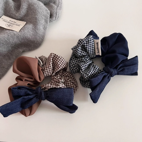 Elastico per Capelli con Fiocco in Denim Patchwork a Quadri Stile Coreano Retrò Donna Dolce Corda per Capelli in Tessuto Fatto a Mano Accessori per Capelli