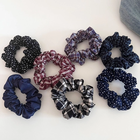 Korean Plaid Polka Dot Fabric Scrunchies Handmade Pleated Elastic Hair Ties Fashion Everyday Headwear For Women Girls
