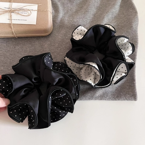 Coletero de Satén Patchwork con Lunares Blanco y Negro Estilo Coreano Simple Elegante Accesorios para el Cabello