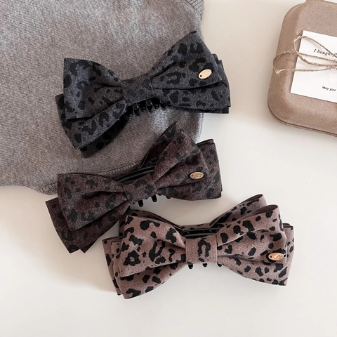 Bananenklammer Mit Leopardenmuster Und Schleife Mode Stoff Pferdeschwanz Vertikale Haarklammer Elegant Retro Handgefertigt Damen Haarschmuck
