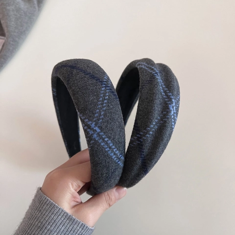 Cerchietto Largo in Lana Plaid Vintage per Donna Grigio a Quadri Fascia per Capelli Elegante Plissettata Accessori Capelli