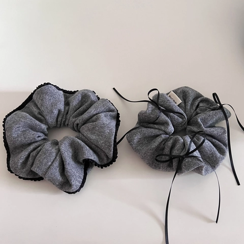 Korean Style Gray Knit Bow Scrunchie Vintage Elegant Pleated Edge Elastic Hair Tie Fashion Autumn Winter Hair Accessories