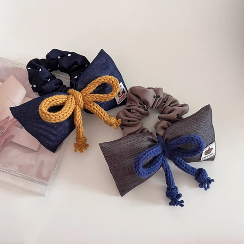 Korean Style Sweet Bowknot Scrunchie Polka Dot Contrast Color Handmade Fabric Hair Tie For Women Cute Hair Accessories