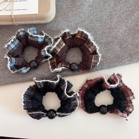 Koreaanse Stijl Geruite Geplooide Stof Scrunchies Vintage Haarelastiekjes Met Zwarte Kraal Decoratie Elastische Accessoires Vrouwen