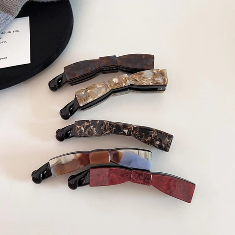 Elegant Acetate Bow Banana Hair Clip For Women Retro Marble Tortoise Pattern High Ponytail Vertical Twist Clip Hair Accessory