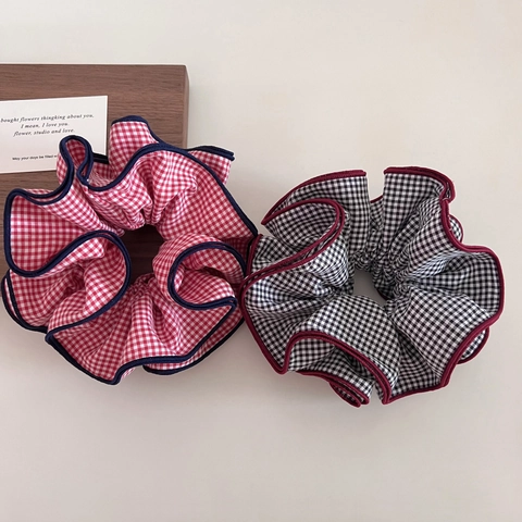 Scrunchie a Quadretti Gingham Grande in Stile Coreano Con Bordo a Contrasto Elastici per Capelli in Tessuto a Pieghe da Donna