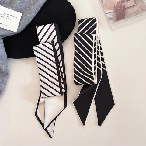 Pañuelo de Seda Largo y Estrecho con Rayas Blancas y Negras de Estilo Francés Minimalista para Mujer Satén Twilly Diadema Elegante