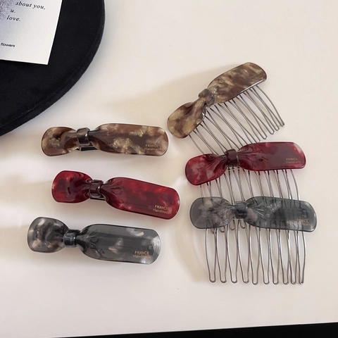 Fermaglio a Molla per Capelli in Acetato con Fiocco Vintage Marmo Tartarugato e Pettine in Metallo Accessori per Capelli in Stile Francese Fatto a Mano per Donna