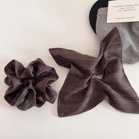 Vintage Brown Striped Satin Patchwork Large Hair Scrunchies Elegant Pleated Hair Ties For Women Daily Hair Accessories