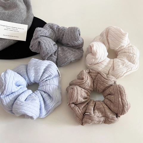 Women Knitted Cable Knit Scrunchie Soft Elastic Hair Tie Elegant Solid Color Large Ponytail Holder Winter Hair Accessory