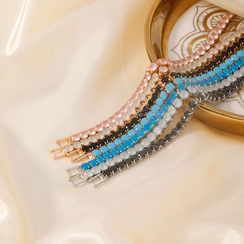 Luxurious Copper Single Row Rhinestone Tennis Bracelet For Women Sparkling Round Gemstone Geometric Link Bracelet Jewelry