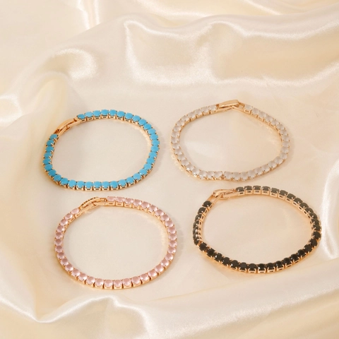Luxurious Copper Single Row Rhinestone Tennis Bracelet For Women Sparkling Round Gemstone Geometric Link Bracelet Jewelry
