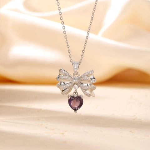 Kupfer Zirkonia Herz Schleife Anhänger Halskette Versilbert Lila Edelstein Schlüsselbein Kette Modeschmuck Für Damen