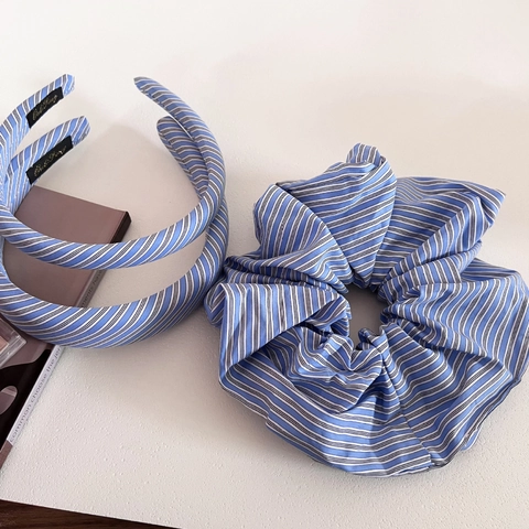 Koreaans Minimalistisch Blauw Gestreept Haargummi Stoffen Hoofdband Preppy Stijl Zoete Haaraccessoires Voor Dames