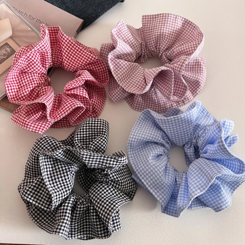 Chouchous à Carreaux Rétro Coréens Vintage en Tissu Plissé Grands Élastiques à Cheveux Bandeaux Élastiques pour Femmes Filles Accessoires
