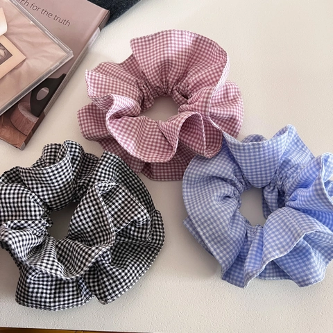 Chouchous à Carreaux Rétro Coréens Vintage en Tissu Plissé Grands Élastiques à Cheveux Bandeaux Élastiques pour Femmes Filles Accessoires
