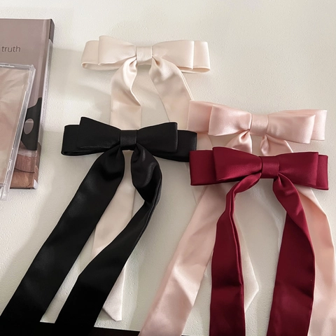 Französischer Eleganter Satin Schleife Haarclip Mit Langen Bändern 3D Schleifen-Haarspange Pferdeschwanz Federclip Damen