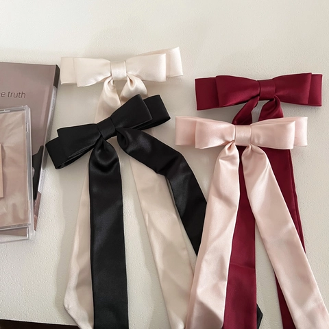 Französischer Eleganter Satin Schleife Haarclip Mit Langen Bändern 3D Schleifen-Haarspange Pferdeschwanz Federclip Damen
