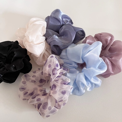 Coleteros Grandes de Organza Nacarados de Estilo Francés para Mujer Gomas de Pelo Extragrandes Elegantes Lunares Color Sólido Accesorios de Pelo