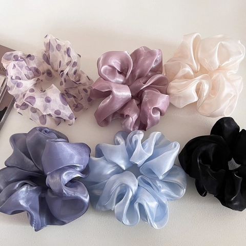 Coleteros Grandes de Organza Nacarados de Estilo Francés para Mujer Gomas de Pelo Extragrandes Elegantes Lunares Color Sólido Accesorios de Pelo
