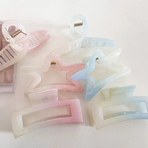 Gradient Pearlescent Star Square Hair Claw Clip For Women Korean Style Resin Hollow Shark Clip Elegant Hair Accessories