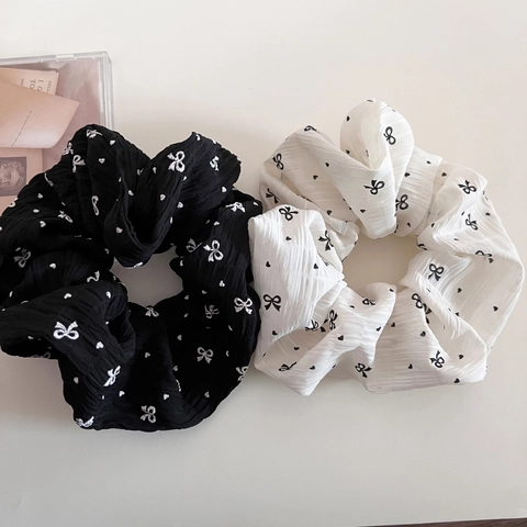 Süße Koreanische Blasenfalten Große Scrunchies Für Damen Stoff Schleife Herz Muster Mode Elastische Haargummis Zubehör