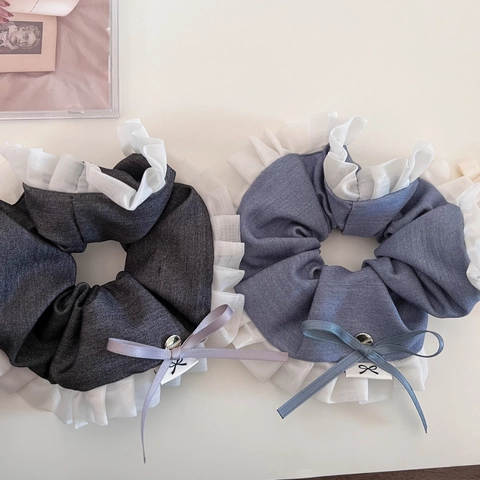 Chouchou à Volants et Nœud Style Coréen pour Femmes Tissu Doux Texture Denim Fait Main Élastique à Cheveux Accessoires de Coiffure