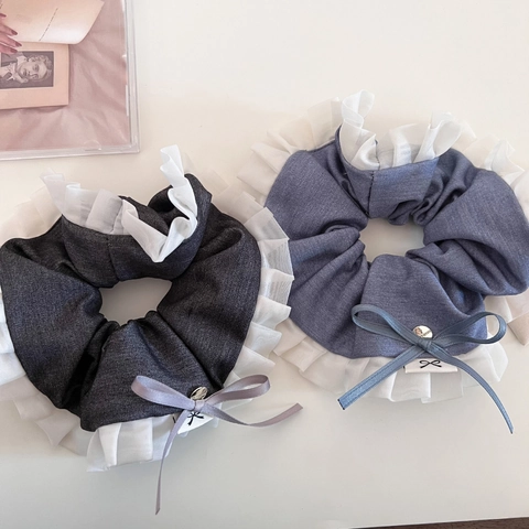 Chouchou à Volants et Nœud Style Coréen pour Femmes Tissu Doux Texture Denim Fait Main Élastique à Cheveux Accessoires de Coiffure